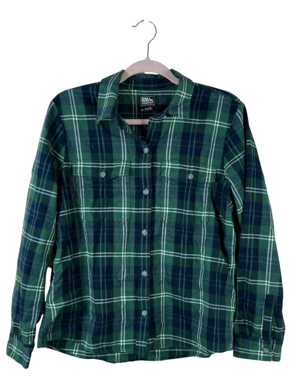 NWT Eddie Bauer womens size M Stines favorite flannel green plaid collared shirt